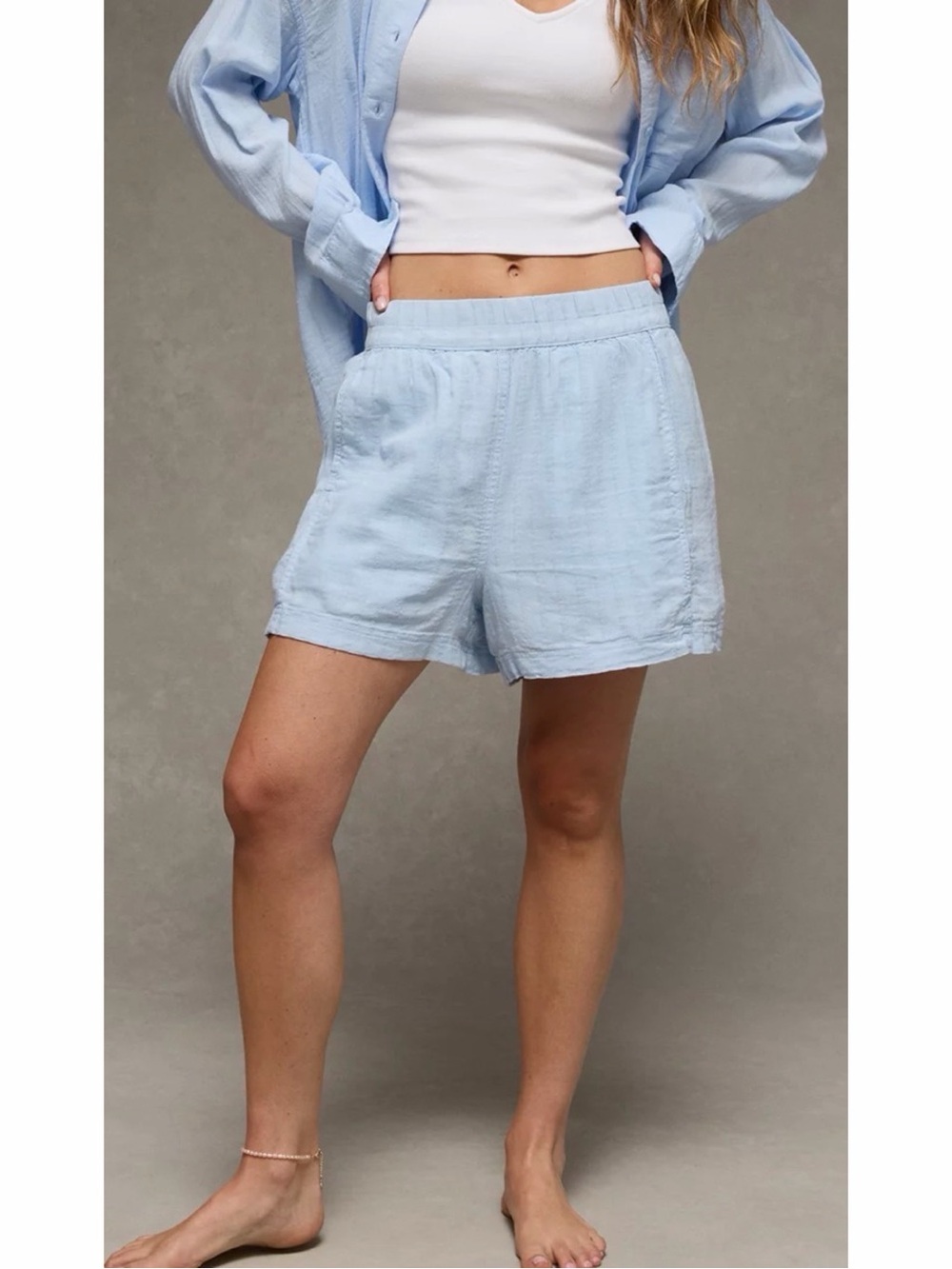 American Eagle Cotton Blend Elastic Waist Shorts Light Blue